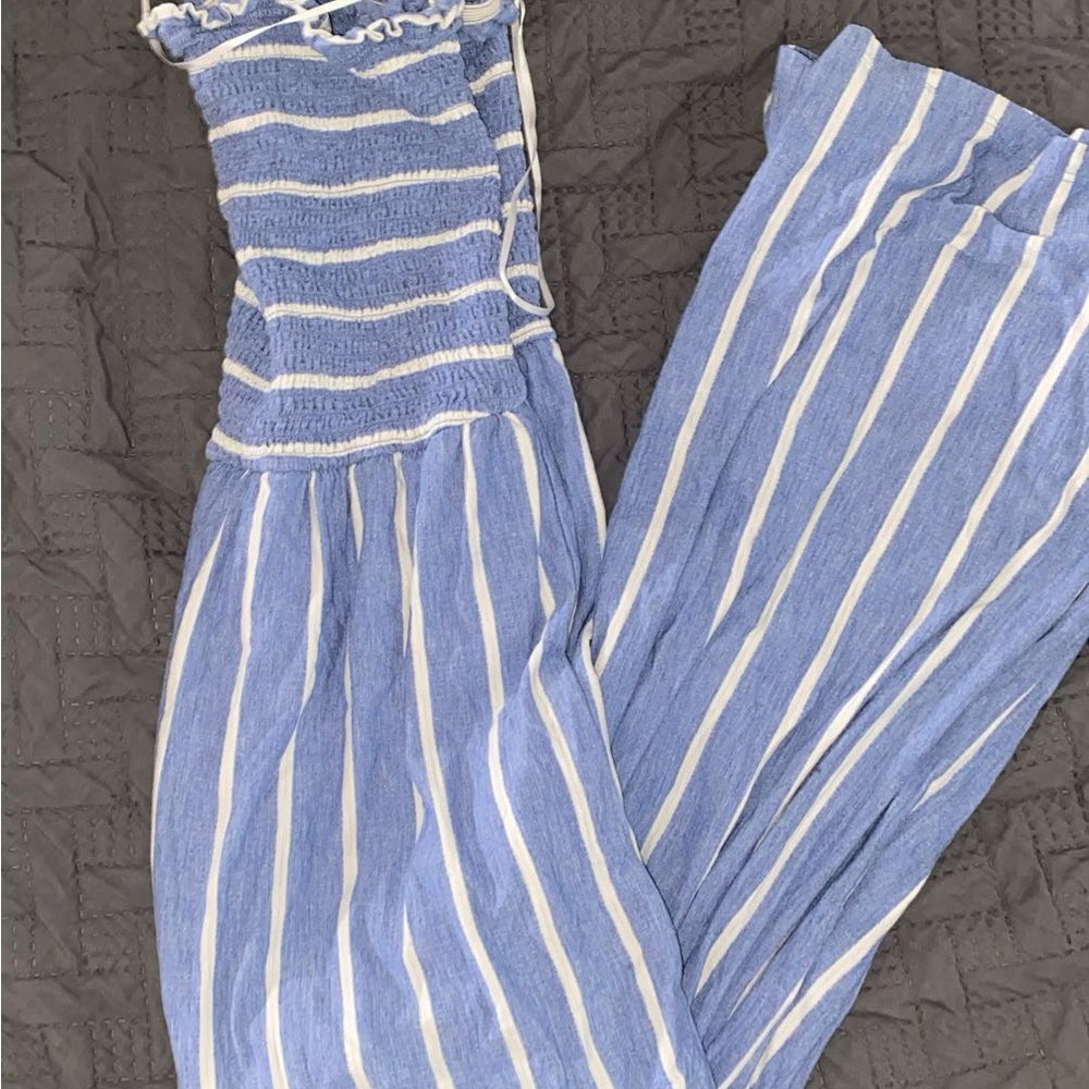 Blue and White Striped Wide Leg Jumpsuit